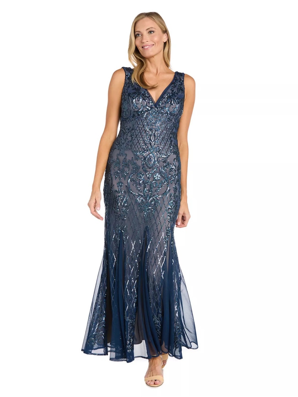 NWOT Dark Blue Sequined V-Neck Formal Dress